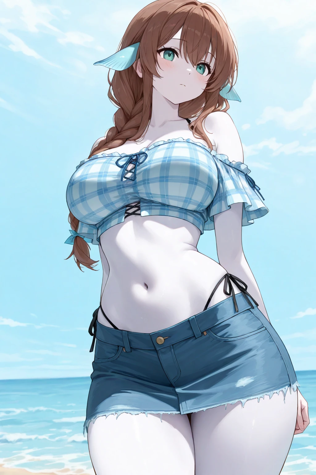 Anime illustration、highest quality、A short, plump high school girl、first round、Belly button piercing、Tube top、hot pants、Perfect proportions、Shopping mall、Clear skies、overwhelmingly big breasts、very thick thighs、Beautiful, shining eyes、Cowboy Shot、smile、Noise Reduction