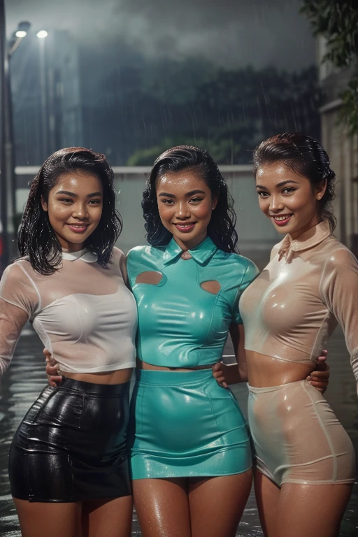 saturated colors, gorgeous,(20-year-old woman),wearing(leather pants,white blouse),getting soaked withwater,wide shot,water drops,water-effect,