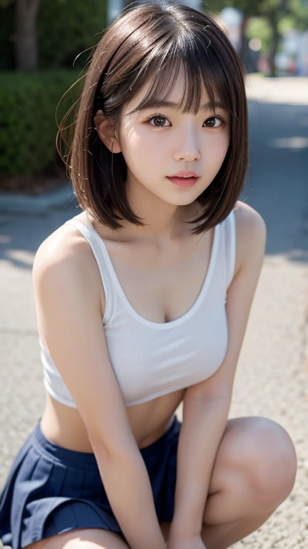 (Highest quality, 8k, 32K ..., masterpiece, Ultra-high resolution:1.2),Beautiful Japanese Women Photos, Black Hairの, Beautiful Face,(Leaning forward:1.3),squat,(From above:1.2),(close:1.4),throw,loose tank top,Thighs、Big ample breasts,(Beautiful nipple exposure:0.9),Plein Air,The wind is blowing,,Glittering Skin,Blurred Background, hot summer, Drops of sweat,Random hairstyles for short hair and updos、Black Hair、Half-open mouth、Embarrassed look、blush:2.0、Cooling off in the shade、(((Sweaty、A very hot look、Look down)))