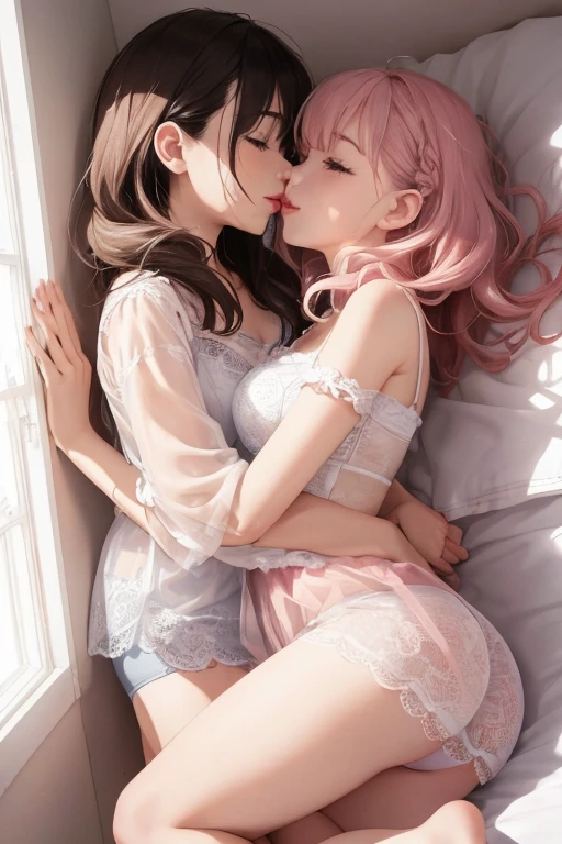 masterpiece, best quality, nsfw,
2girl, kiss,
white lingerie, pink hair, embarrassed face,
bedroom, night,