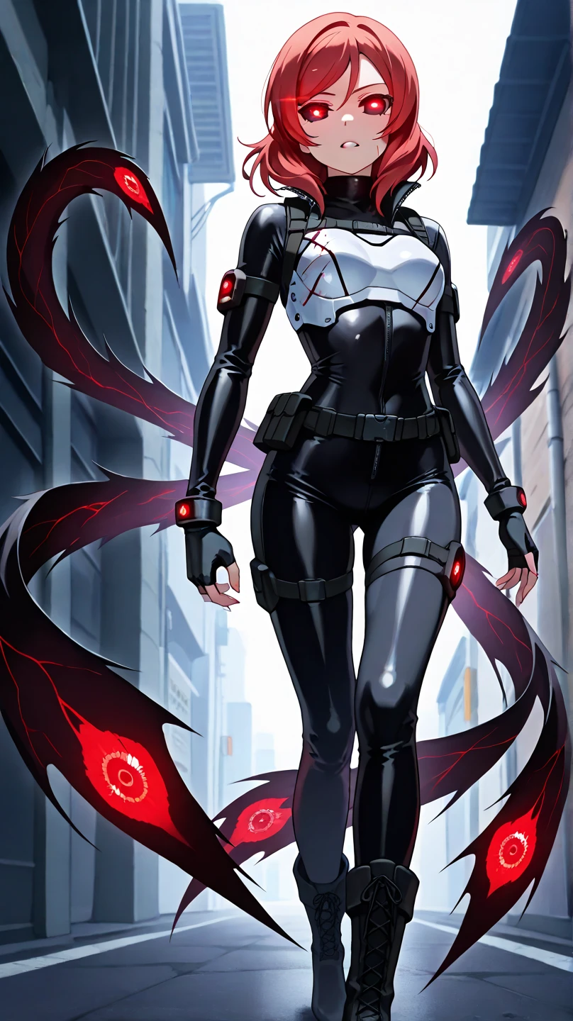 masterpiece, best quality, 8K, number, 1 girl, Solitary, stand up, youth, white hair, Long white hair, Hair accessories, Red Eyes, Round pupil, emotionless expression, Blood, Mechanical Parts, electric wire, cable, Failure Effect, Shocking, Science fiction, Futuristic, The background is darker inside, Neon, cyberpunk characters, Surrealism, Strange, Disturbing, spine-chilling, Shocking, One-piece Pants,Red Eyes,Venom,nigrescence,Long black gloves,One-piece Pants,Tight latex jumpsuit,Highlight her graceful figure,wrap the whole body,Symbiote,((Sexy highlighted)),One-piece Pants,Red Eyes,Venom,nigrescence,Long black gloves,One-piece Pants,Black latex clothing,Blood-Red Eyes,best quality, high resolution, Super detailed, Vivid texture, mask, Tight latex jumpsuit, Bangs,Purple Hair, blue eyes