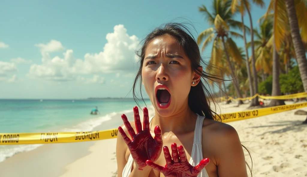 25 year old beautiful athletic asian female beach wrestler with muscular body injured after beach wrestling match. Lying on jer back on ground crying in pain. In distress Bloody. Sweaty. Crowd in background