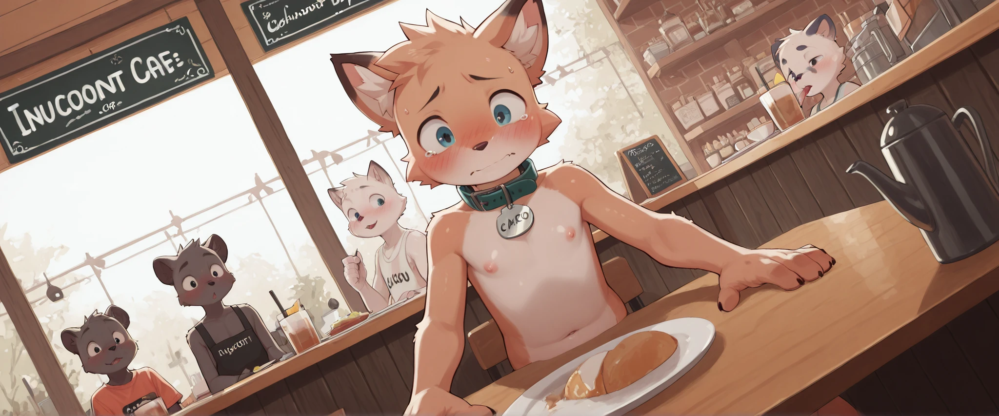 Super high resolution, detailed background, school cafe, joyful(kemono, furry anthro), naked, mascot boy, Kemoshota, kindergarten , mascot, sweat, sweat drops, tusk, tail, dynamic angle, navel, nipples, naked, cafe, bow tie, slipped and turned over, spreading legs, flaccid phimosis dick, smelling, cum milk coffee