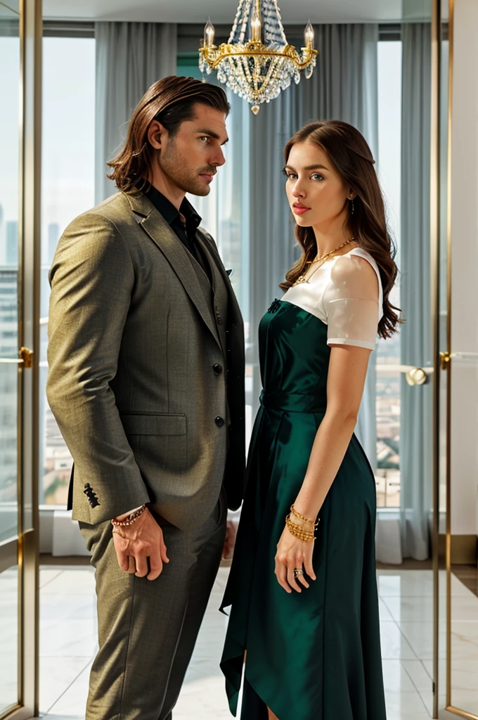 Travis fimmel from vikings hugging a beautiful black haired woman with piercing gray eyes, Romantic couple happy, (she is wearing green 20's clothes) (He is wearing a beige 20's suit), anatomy correct, Delicate pattern,Ink painting style, Clean colors, Soft lighting, (Bokeh),Masterpiece, Super detailed, Epic composition, Highest quality, 8K.
