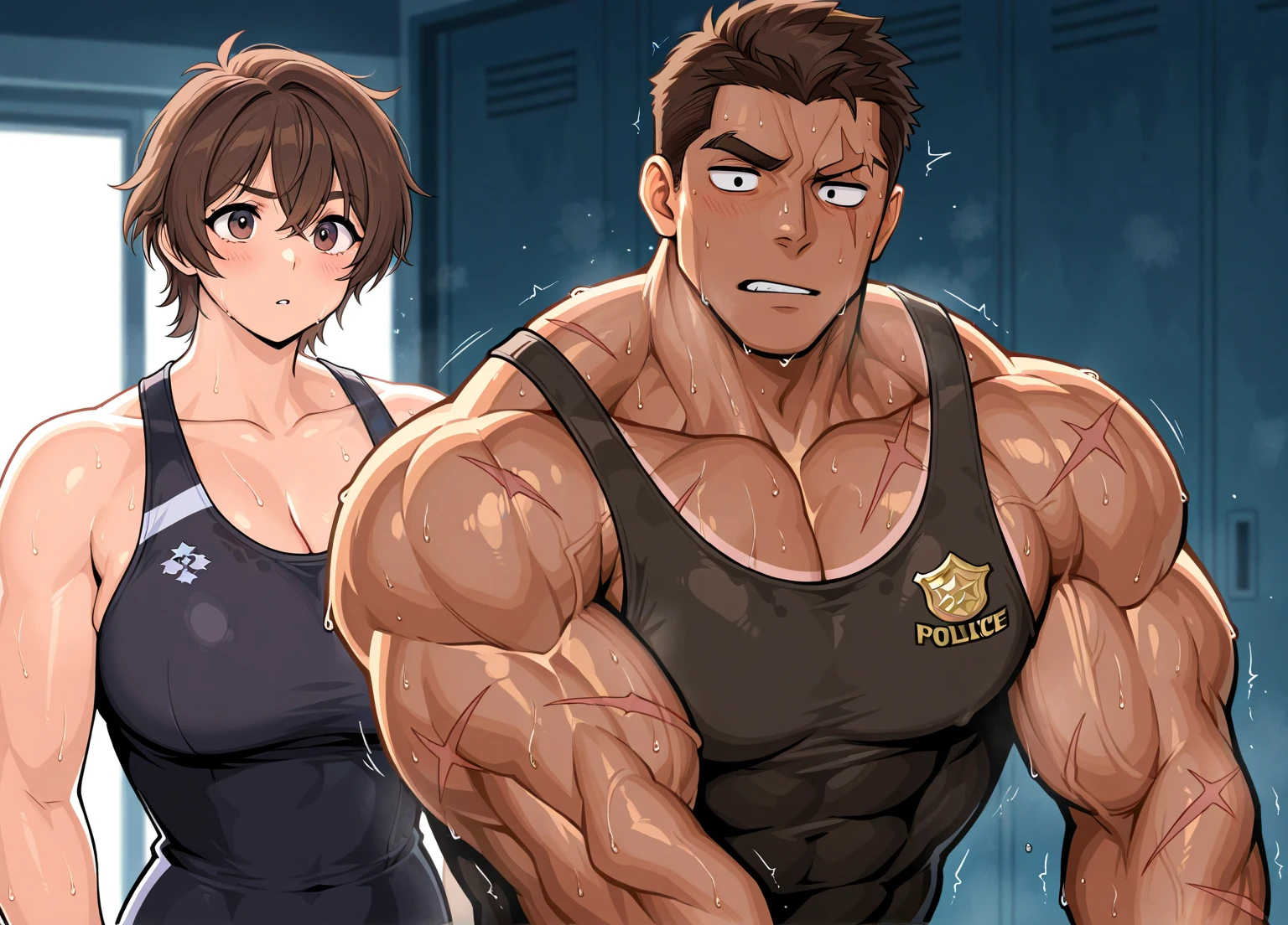 Woman in black bikini and small man in white shirt, weak and small man, thin and small physique, Very beauthful. , ,weak and defenseless man, small physique, , muscular ultraviolent woman, muscular and scary, absurdly huge physique, big muscles, extremely muscular woman,
