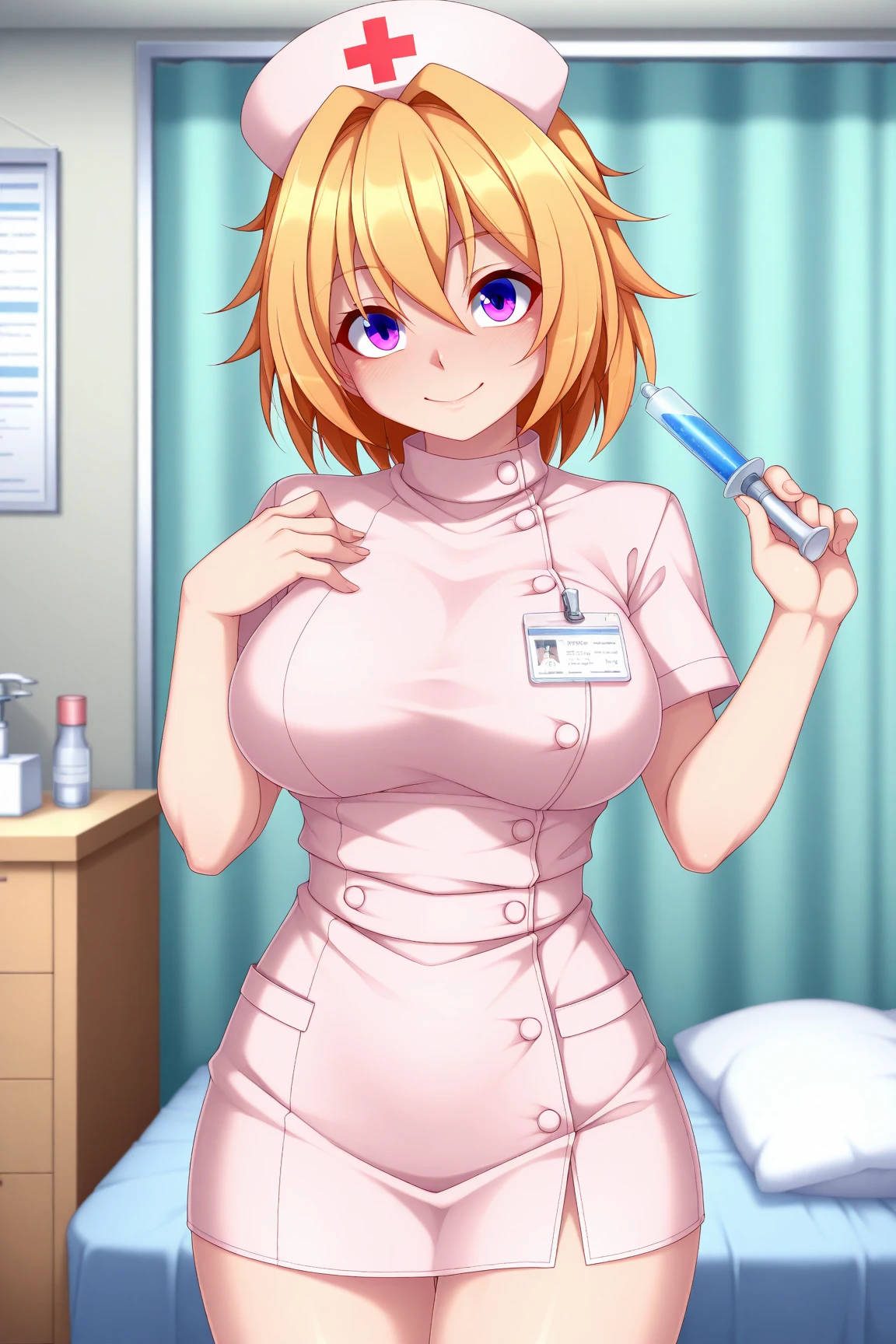 1girl, nsfw, houjousatoko, short hair, blonde hair, purple eyes ,hairband, empty eyes, large breasts, nipple, Walking, Hospital, frozen, wet, crying, Naked, (1girl) Blank look, Peeing, lactation, projectile lactation
