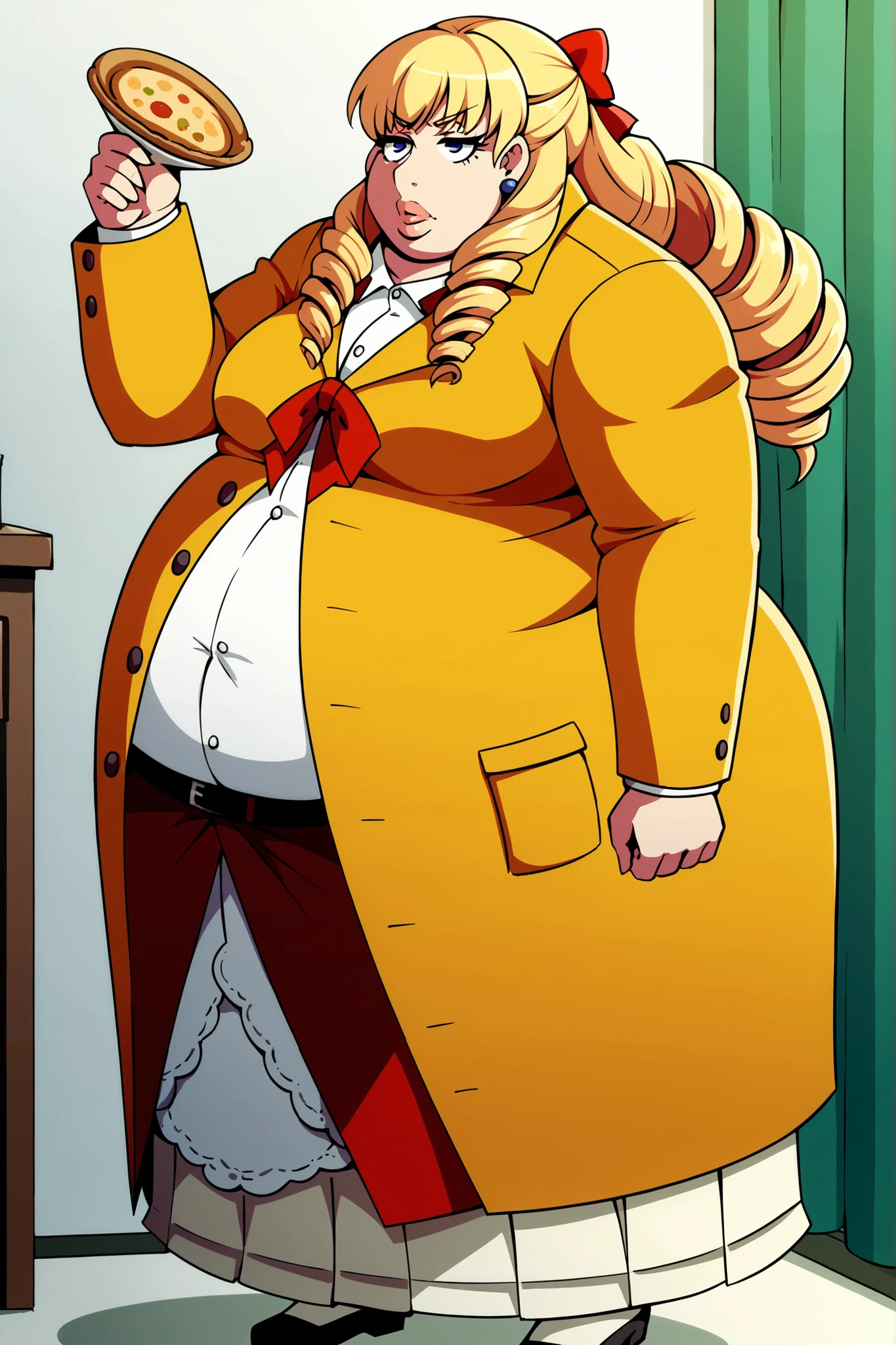 score_9, score_8_superior, score_7_superior, score_6_superior, sauce_anime, Break 1 Girl, woman, Solo p5 principal, Fat, obesity, Margarita Dresden, long hair, drill hair, hair ribbon, medium breasts, fat, chubby, obese, thick lips, Yellow Jacket, formal, White shirt, Red bow tie, belt, yellow pants, woman化, full body shot