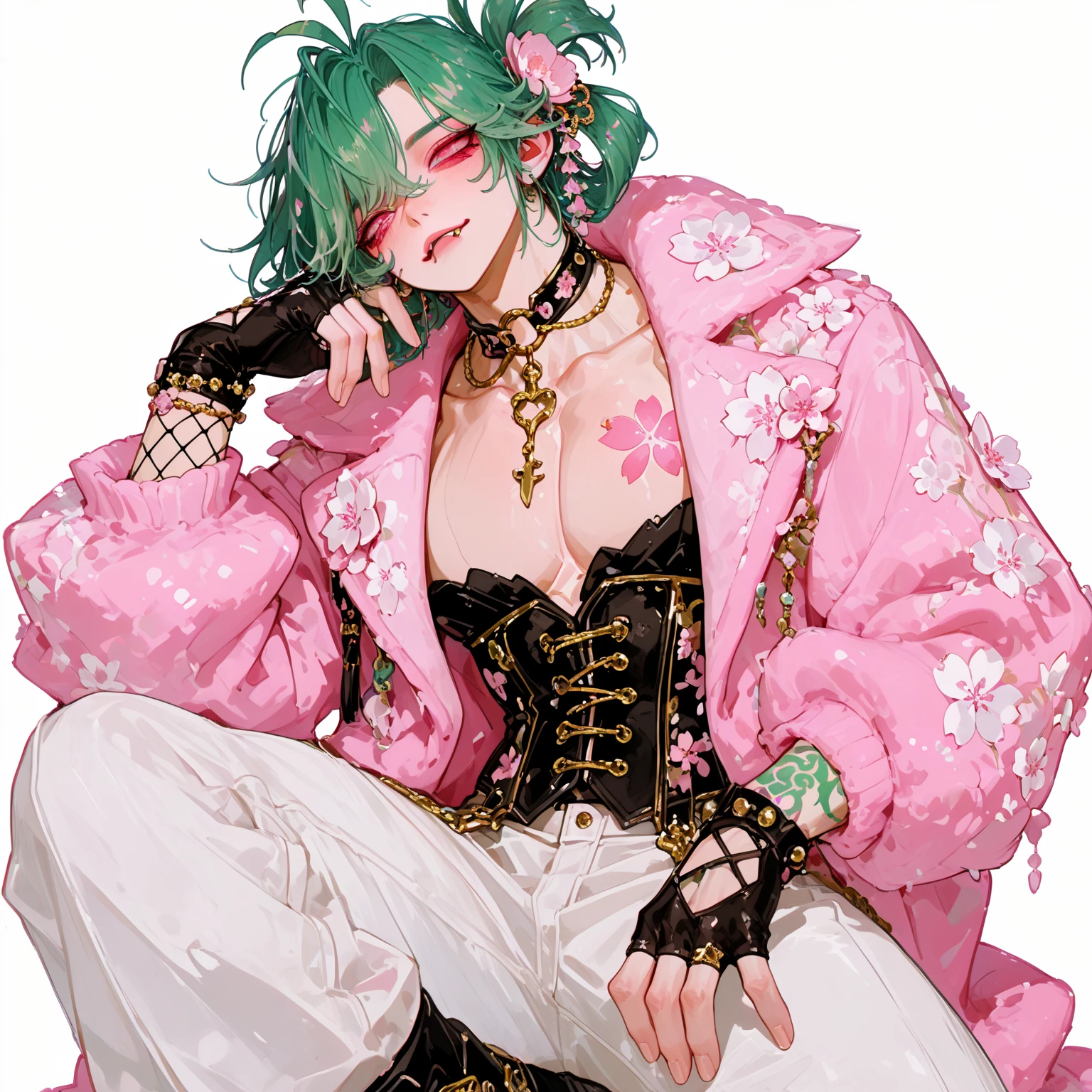 young man, twink, (((male))), (((man))), (((one person))), single, solo, (((very light blonde hair))), (((pink colored eyes))), (medium short hair), (chin-length hair), wavy hair, slim body, ((flat chest)), (((wearing flowers in his hair))), flowercrown, ((pointy ears)), (((light pink colored eyes))), smooth skin, smiling, wearing street fashion style clothes, (wearing modern and futuristic clothes), ((street fashion)), (((kpop style))), white flowers, purple flowers, light pink flowers