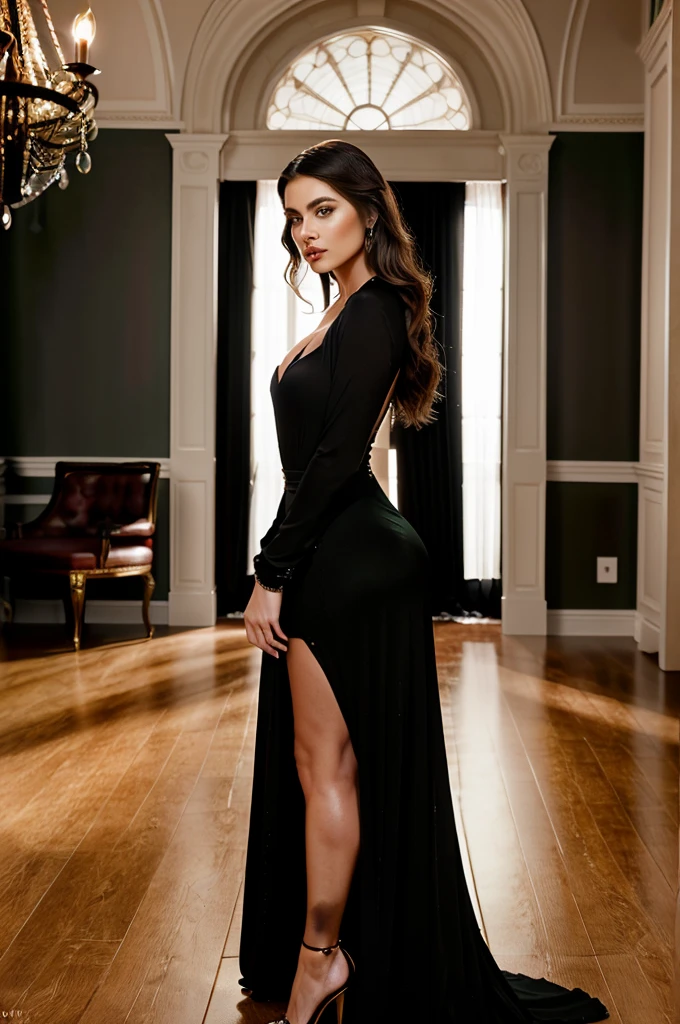 Kat Dennings, standing on a pedestal like a statue, posing