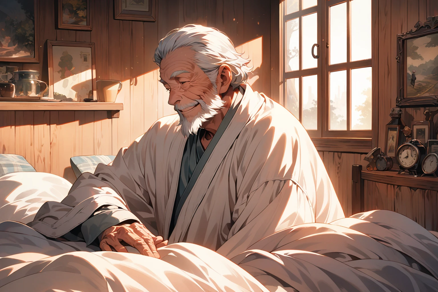 Ancient China,Older man lying in bed,feebly