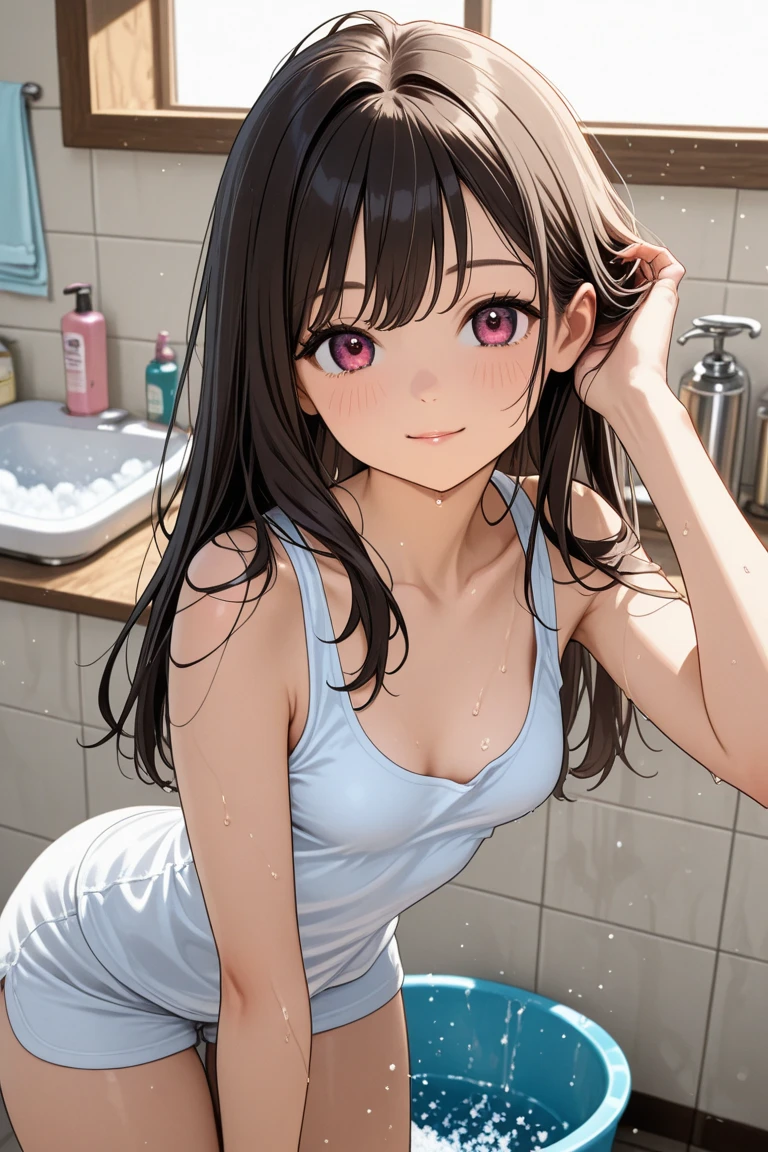 Nsfw, masterpiece, photo, ultra realistic, best quality, ultra-detailed, clothes lift, 1girl, blush, solo, small breasts, sink, bathroom, navel, camisole,onodera haru, armpits, arm behind head,