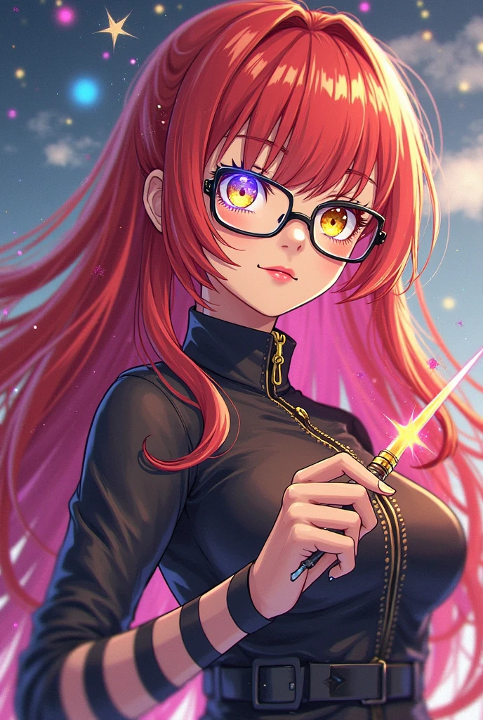 Mature anime girl, orange hair long wolfcut, white highlights, thin frame round glasses, Take-Mikazuchi, God of Thunder, blue eyes, , cat girl, goth, choker necklace, off shoulder jacket with orange stripes, lightning and sword shaped hair accessories, thigh highs, boy shorts, crop top, color palette = red, orange, blue, yellow, purple
