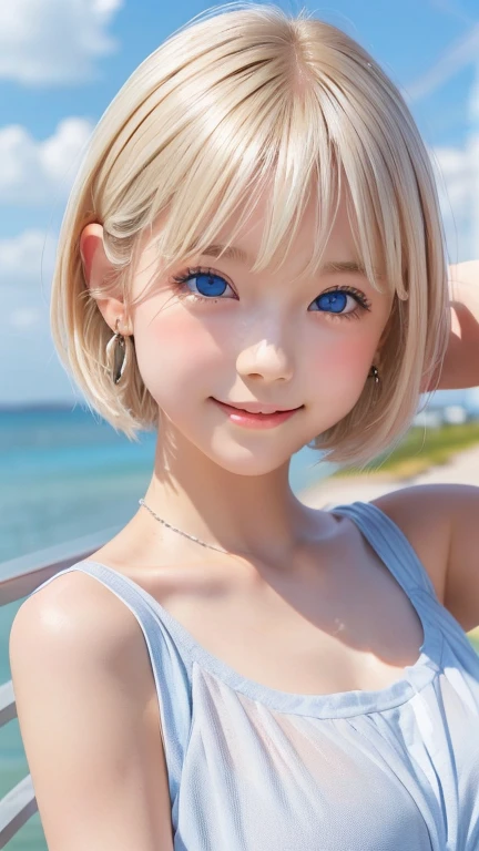 detailed face, cute face, master piece , best quality , woman , bowler hat , bangs , smile , outdoor, Shiny platinum blonde silky super short hair, side locks, beautiful shiny bangs, big clear sky blue eyes, very beautiful light eye highlights, earrings
