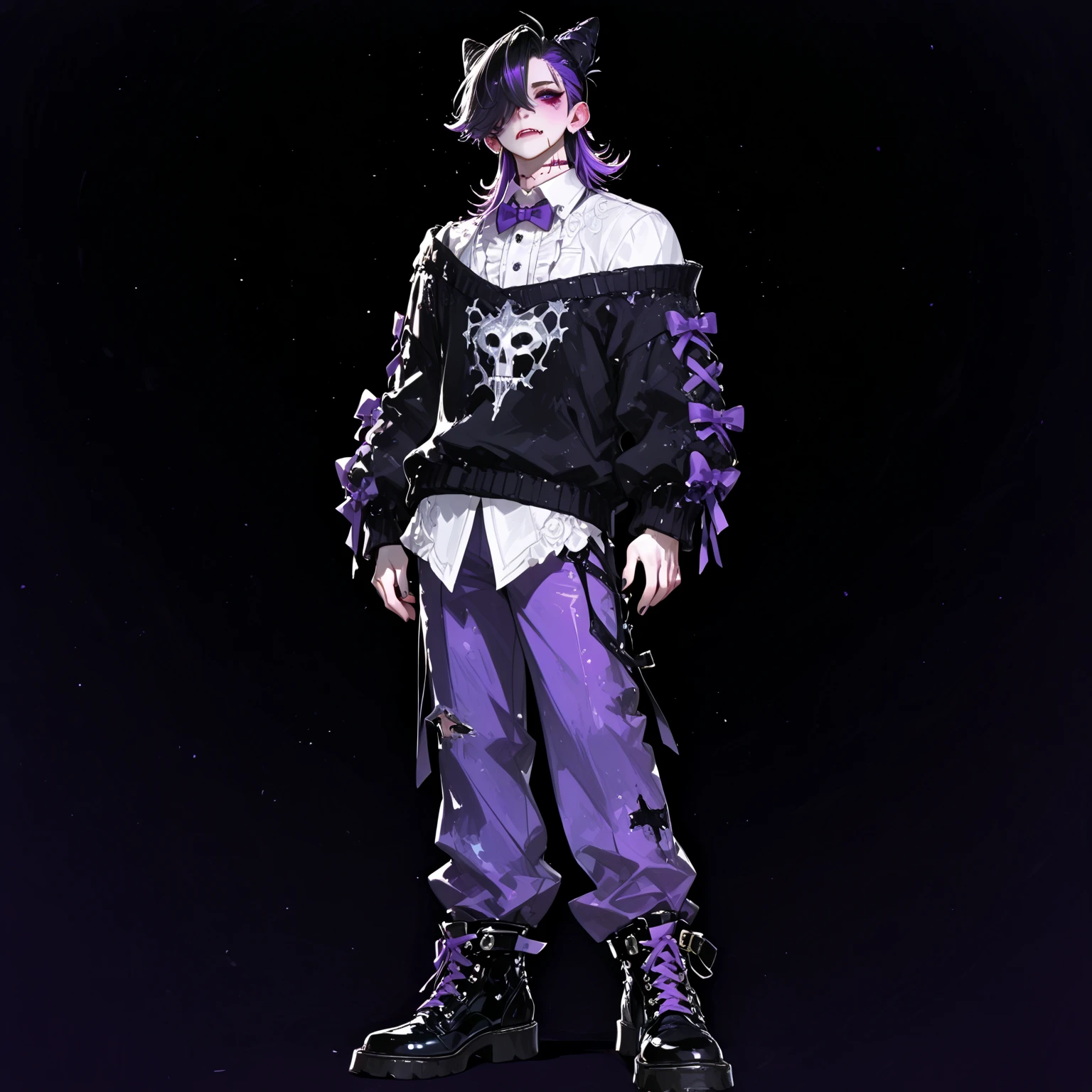 Short, sleek black hair with dark purple highlights, styled in a sharp, angular cut.
Eyes: Intense, deep purple eyes with a mesmerizing gaze.
Outfit:
Top: A fitted, black leather vest with intricate silver and dark purple embroidery. The vest features multiple straps and buckles, giving a rugged yet refined look. Underneath, he wears a tight, long-sleeved black shirt with mesh panels.
Bottom: Black leather pants with silver and purple detailing, including chains and buckles. The pants are tailored to fit snugly, emphasizing his athletic build.
Footwear: Black combat boots with silver buckles and dark purple accents, polished to a high shine.
Accessories:
Choker: A black leather choker with a silver ring pendant.
Gloves: Fingerless black leather gloves with silver studs and purple stitching, extending to his forearms.
Jewelry: A combination of silver and dark purple rings and a studded bracelet on one wrist.