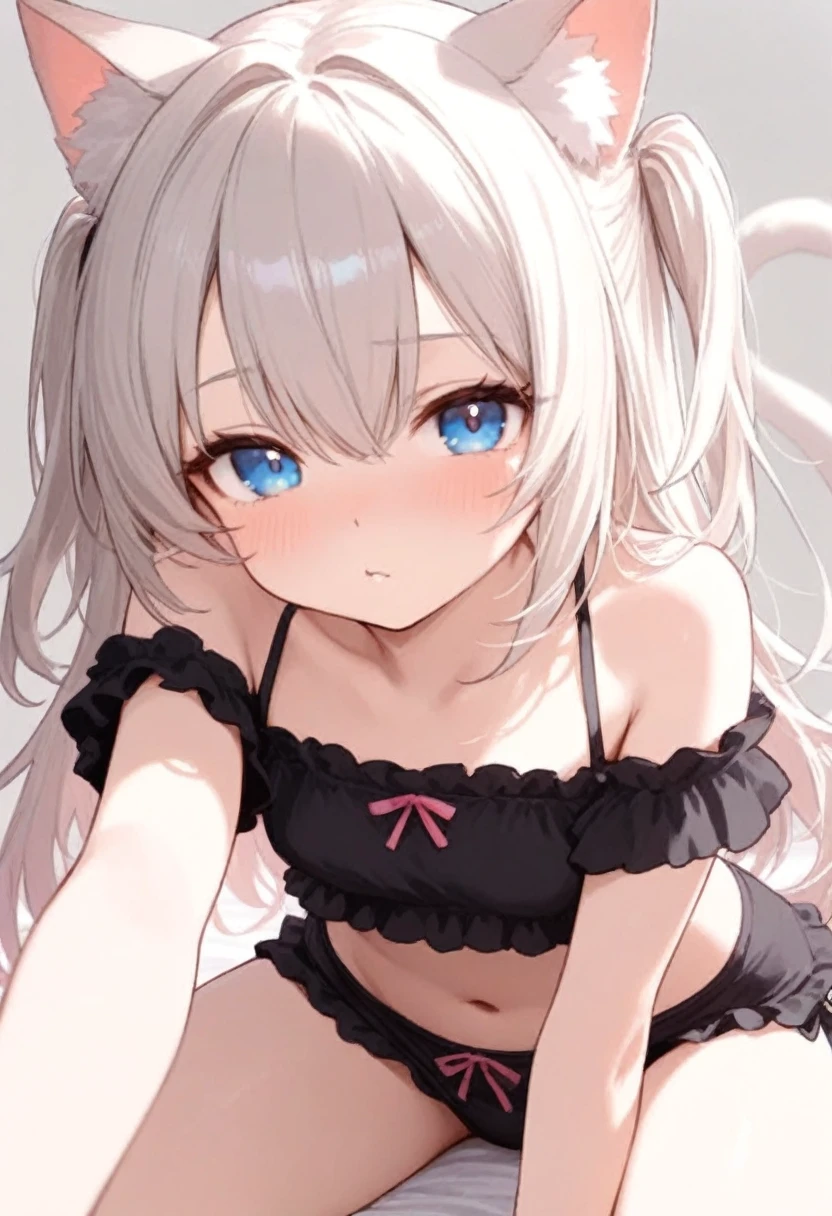 Silver Hair、blue eyes、girl、Small breasts、Twin tails、girl、Small breasts、Bright smile、Looks about 15 years old、Petan Musume、He is short、Sexy Lingerie、Eye highlights、Showing armpits