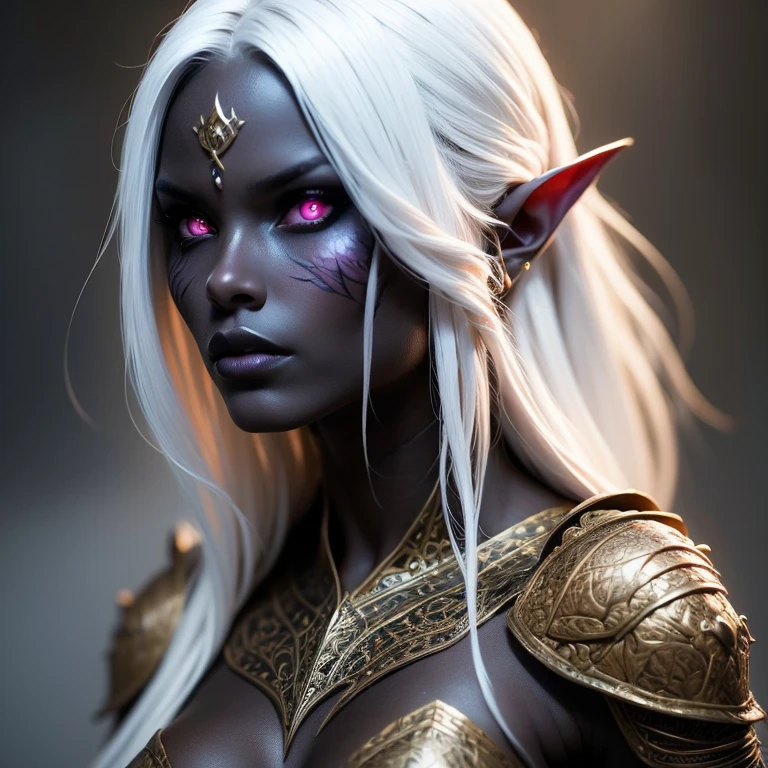 a beautiful dark elf woman, drow, with dark gray skin and long white hair, detailed and intricate facial features, Porcelain Skin, impressive eyes, fleshy lips, slender figure, Ranger clothing, dramatic lighting, fantasy dramatic scene, dark and moody atmosphere, detailed textures, highy detailed, 8k, cinematic, award-winning works of art, digitalpainting, conceptual artwork, photorrealistic