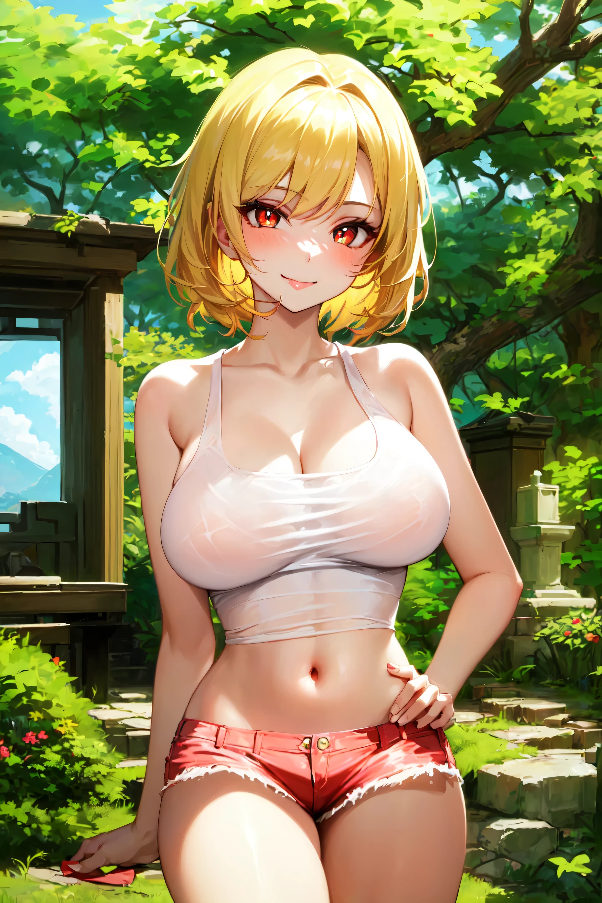 Tabletop, Highest quality, shape, Very detailed, In detail, High resolution, 8k wallpaper, Perfect dynamic composition, Beautiful attention to detail, ,Medium Hair、Natural color lips, Bold sexy pose,((One yellow-haired 20-year-old girl))、Small underwear、Big Breasts、Big Ass、Watering the garden in the sun、smile、cute、sexy shot looking at camera、Embarrassed expression
