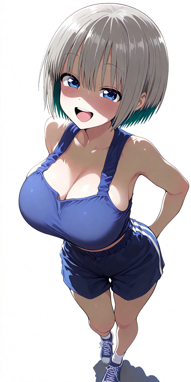 masterpiece, best quality, ultra-detailed, Potrait of beautiful , (chubby) (muscular), (plump), (sexly), (cleavage), ((tomboy)), (アニメ), (Breasts), (Plump), ((very short hair)), ((Uzaki Hana)), (overweight), (Gray Hair), ((Saggy breasts)), (blue eyes), (Short Hair), (blue eyes), ((thick)), (swimsuits),