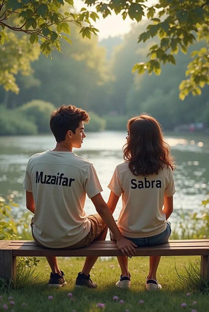 A young couple, enjoying a peaceful moment on a mountain peak, both wearing white T-shirts. The boy's T-shirt has the name 'Abdul' written in deep black letters, positioned above a heart ❤️. Similarly, the girl's T-shirt features the name 'Sagufa
' in dark black letters, also above a heart ❤️."