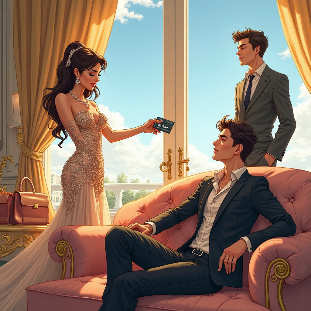 A couple is sitting side by side on a luxury plane, with formal attire and elegant accessories. The man is holding a glass of red wine, while the woman is reading a book with a smile on her lips. The cabin light is soft and diffuse, illuminating their faces and highlighting their striking features. Behind them, through the window, it is possible to see a spectacular landscape of orange and pink clouds, creating a scenery as wonderful as the couple themselves.