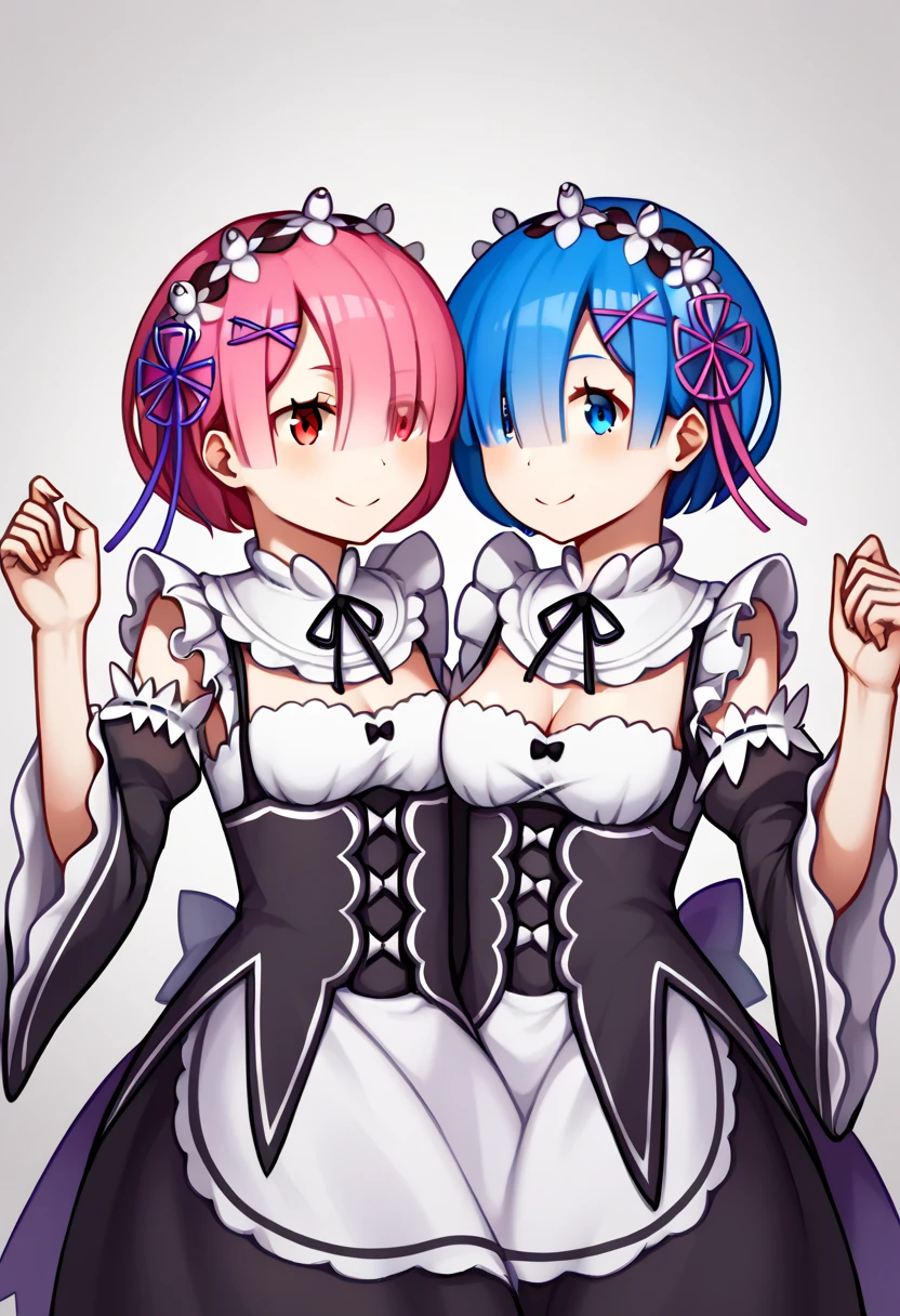 Score_9, score_8_up, score_7_up, source_anime, looking at viewer, (cowboy shot),masterpiece, best quality, upper body, portrait,beautiful, (black background), BREAK, 2girls, twins, ram \(re:zero\), rem \(re:zero\), maid outfit, blue hair, pink hair, BREAK, <lora:Persona_5_Portrait_Style_Pony_upscaled:1>,