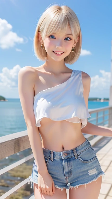 (8K, Realistic, RAW Photos, Highest quality: 1.4, detailed),Japanese idol-style beautiful girl,1 person,18-year-old,(Short Bob),(Silver Hair :1.1),She has her hair tucked behind her ears,Large, clear grey eyes,Long eyelashes,(piercings(small)),(Lip gloss),lips(Plump,glossy),Translucent white and finely textured skin,thin long neck,choker,Breast of beautiful shape,thin abdomen,Firm waist,Upward hips,Tube top(Knitted fabric),Denim shorts,shoes,Cafe terrace with ocean view,sitting in a wicker chair,Looking at the camera and smiling gently,Front view,Full body portrait