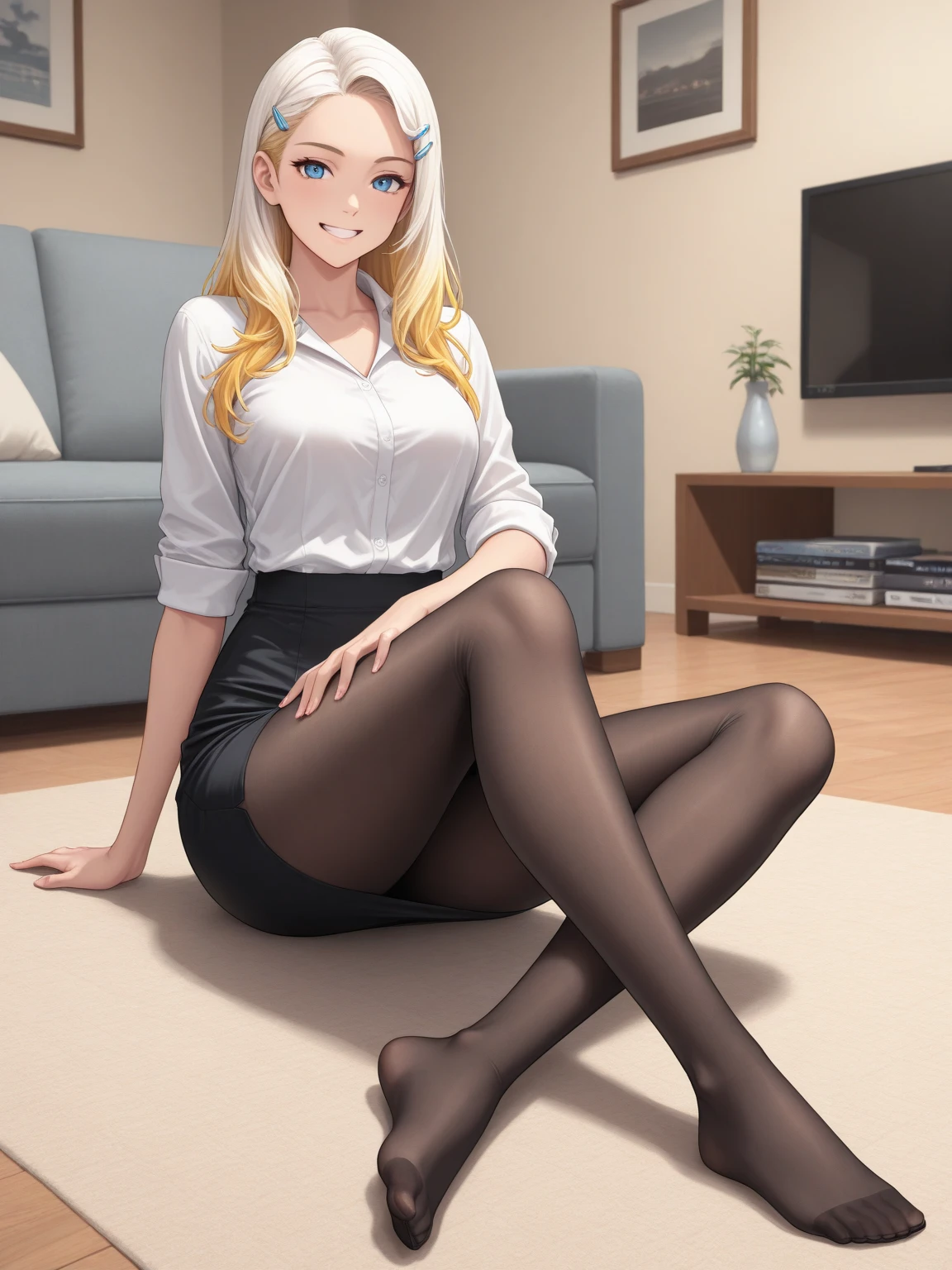 short pale woman, 5’2 height, thick thighs, large thighs, wide hips, short blonde hair in twintails, small dainty feet, barefoot, tight shirt, black skirt, pale skin, full body showing, white nail polish, very large breasts, short woman, footjob, giggling, lipgloss, 5 toes on each foot, cute toes, small toes