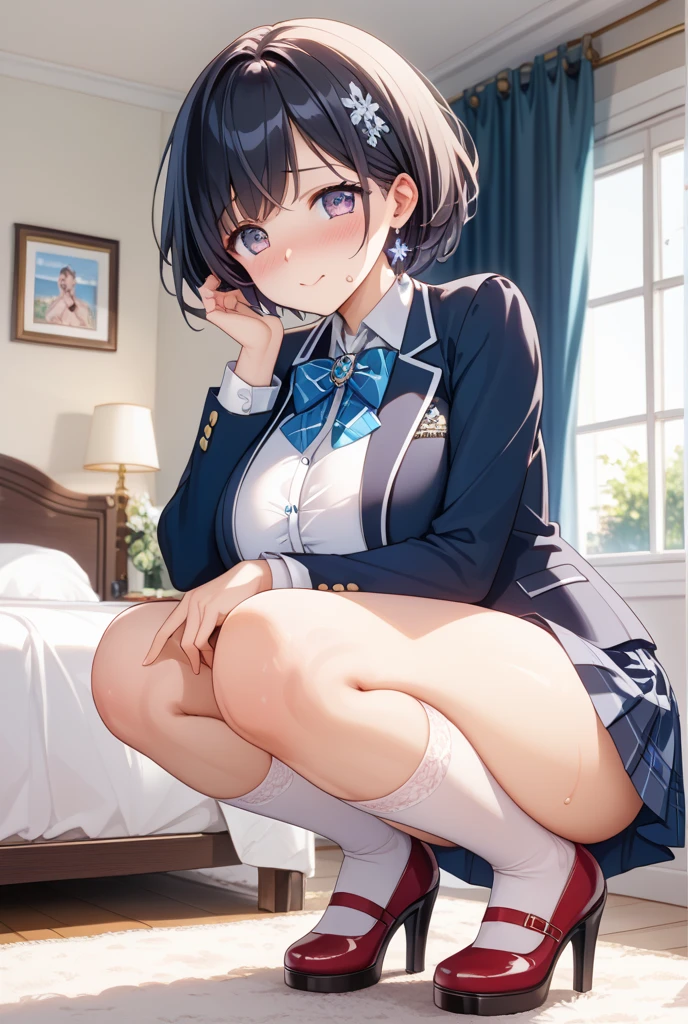 mature-looking Japanese high school girl, alone, slender legs, full body figure from head to toe, sitting, M-shaped legs spread, small breasts, (black pantyhose): 1.2), white panties visible through stockings, Very beautiful 17 year old girl, no shoes, shy big eyes, (short brown hairy parts), (bangs), messy hair, (hair clip), pale blush, solo, looking at viewer , show white panties, show underwear, panties, spread legs, high school uniform blazer, high school uniform white blouse, high school uniform blue ribbon, high school uniform plaid and navy blue pleated skirt
