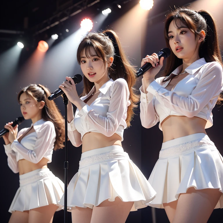 3-member girl group、light pop music group、超High resolution、Ultra high image quality、8k、Wonderful expression with attention to detail、All have long bob cut blonde hair、Cute costumes stage design、Outdoor music hall performance stage