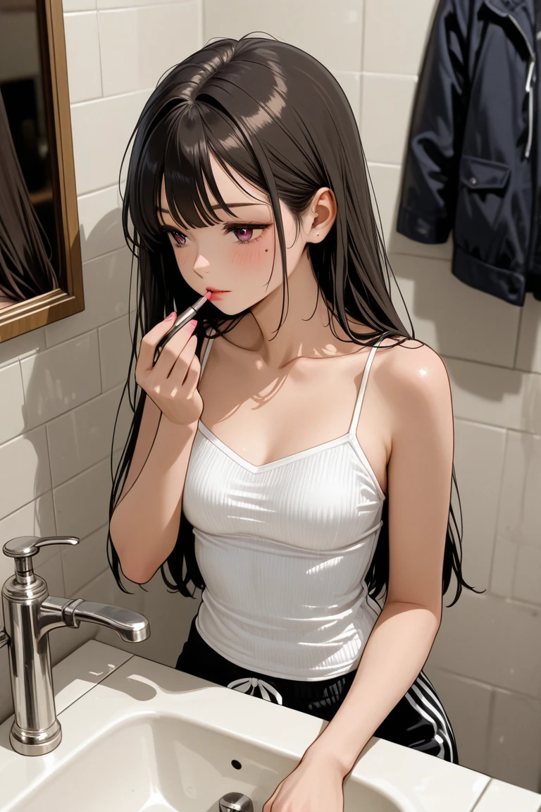 Beautiful 1 woman, young face, In short clothes, blouse and panty, sleeveless, white skin in a public bathroom; realistic and natural woman