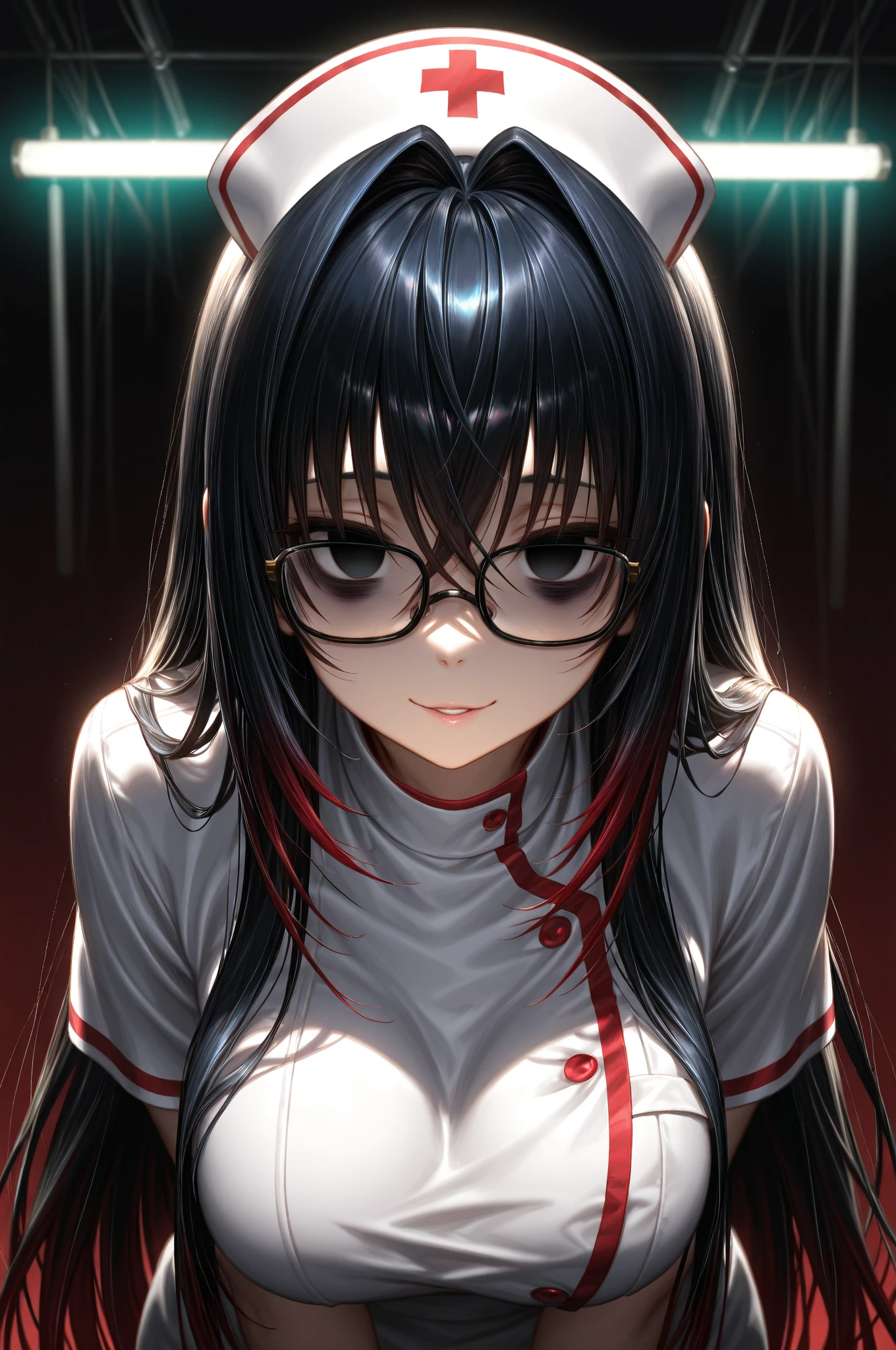 masterpiece, best quality, ultra-detailed, golden ratio, 1girl, anime nurse,  stylized,white nurse uniform, red accents;(black frame glasses:1.2); madness happy expression; (voluminous hair long hair:1.4), (black hair:1.1); (black eyes,empty eyes:1.2); (bags under eyes:1.1); holding test tube containing red medicine,  anatomically correct,  detailed features,  anatomically correct, highly detailed facial features, seductive, dangerous beauty, alluring body, seductive pose, yandere vibe BREAK hospital room setting, dim ambient lighting, (flickering fluorescent lights:1.2), white and red gradient background; cinematic lighting, sharp rim light, soft shadows, high depth of field, dark atmosphere 