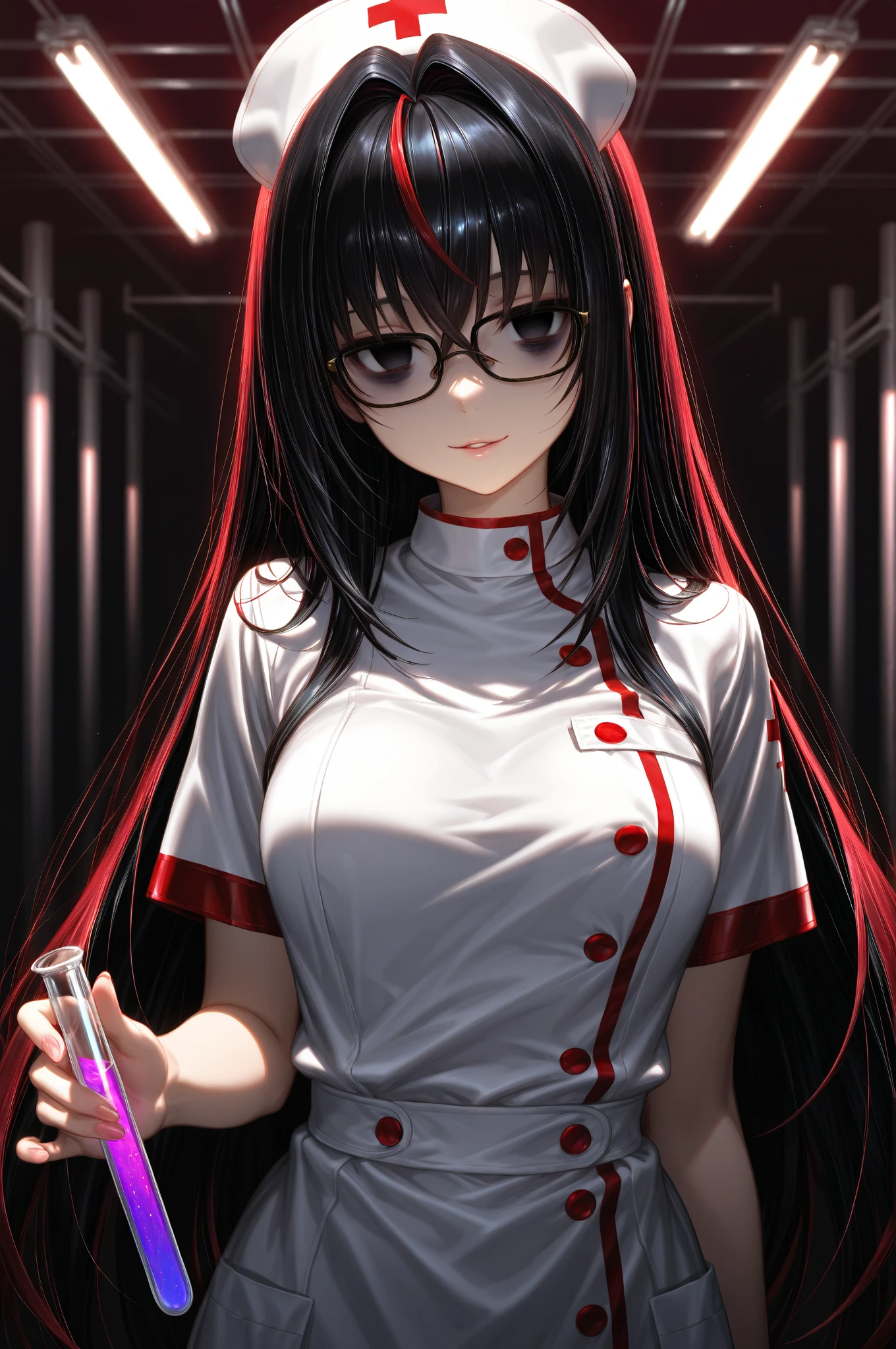 masterpiece, best quality, ultra-detailed, golden ratio, 1girl, anime nurse,  stylized,white nurse uniform, red accents;(black frame glasses:1.2); madness happy expression; (voluminous hair long hair:1.4), (black hair:1.1); (black eyes,empty eyes:1.2); (bags under eyes:1.1); holding test tube containing red medicine,  anatomically correct,  detailed features,  anatomically correct, highly detailed facial features, seductive, dangerous beauty, alluring body, seductive pose, yandere vibe BREAK hospital room setting, dim ambient lighting, (flickering fluorescent lights:1.2), white and red gradient background; cinematic lighting, sharp rim light, soft shadows, high depth of field, dark atmosphere 