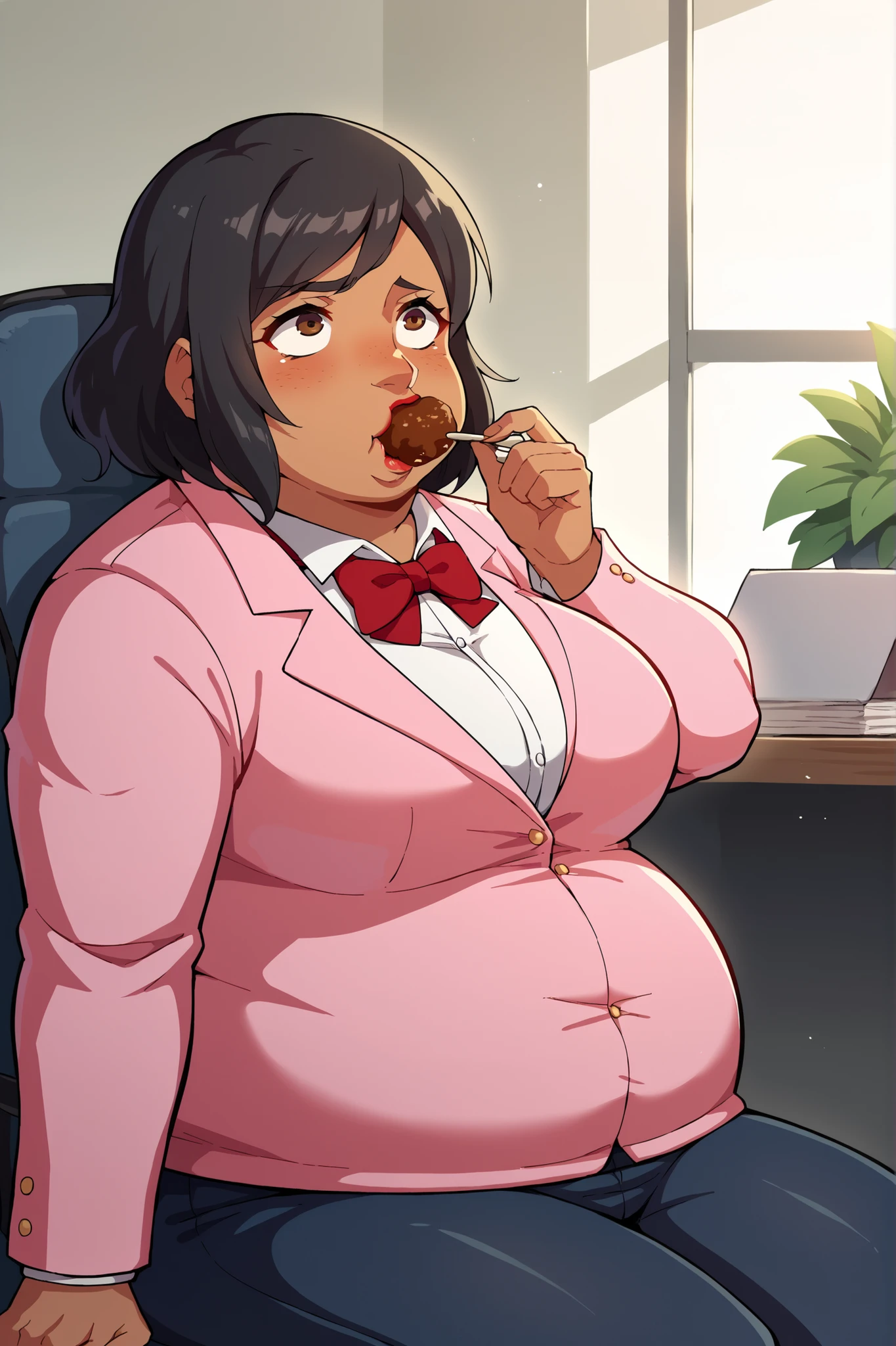 score_9, score_8_superior, score_7_superior, score_6_superior, sauce_anime, Break 1 Girl, woman, Solo p5 principal, Fat, obesity, score_9, score_8_up, score_7_up, source_anime BREAK 1girl, solo, chounop5, black hair, medium hair, brown eyes, pink dress, necklace, dark skin, lipstick, Jacket, formal, White shirt, Red bow tie, belt, pants, woman化, big breasts, swollen face, Fat_neck , Fat head , eyes with crushed cheeks , nose with crushed cheeks , mouth with crushed cheeks , chin roll, school office, sitting down on chair, open mouth, eating sweets, eating