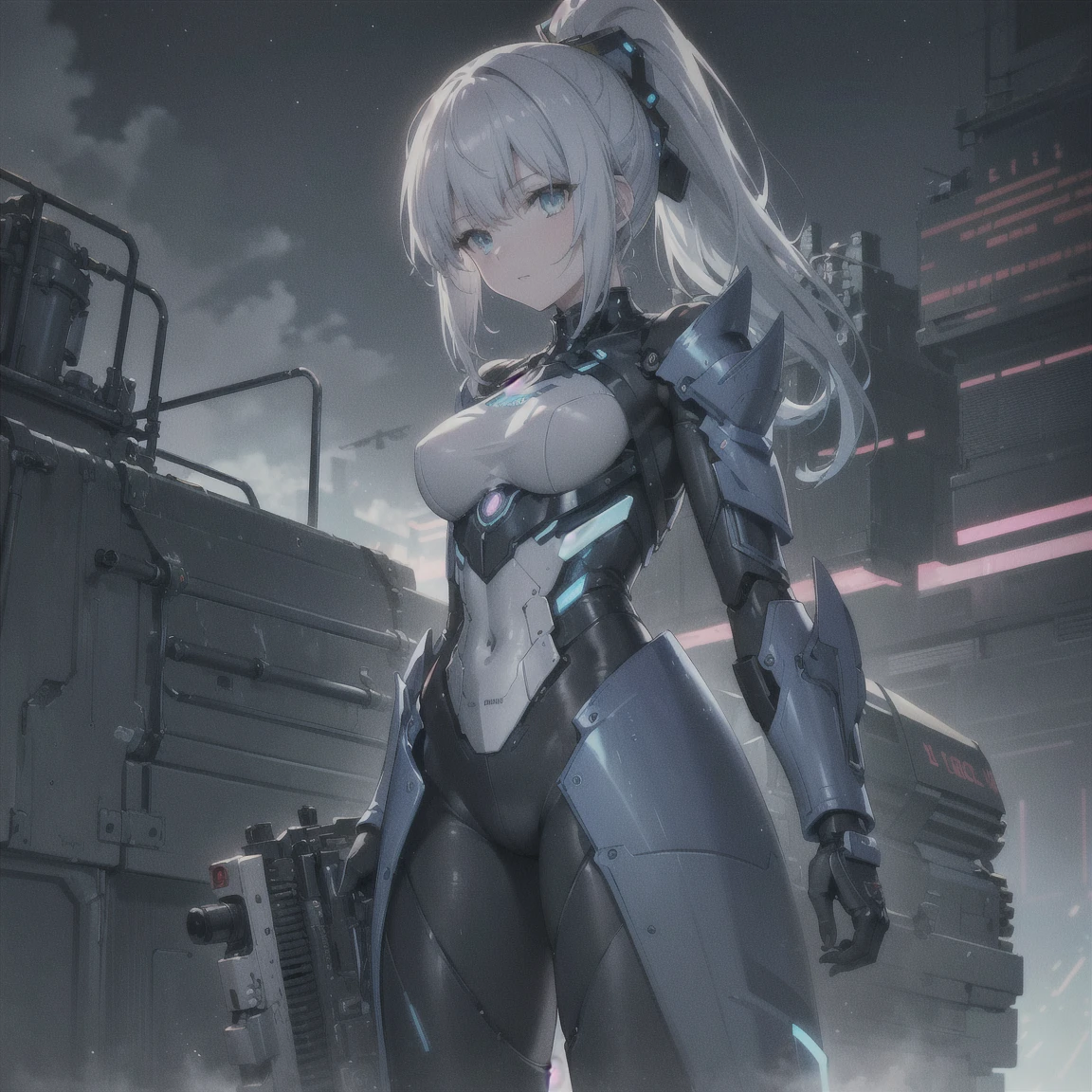 （（master piece，best quality）），large mechanical robot structure，1 girl，a mecha girl，thin long hair，delicate features，huge tit，open chest，，long legs，fine pubic hair，