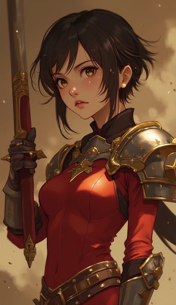 Girl, short black hair, red eyes, warrior, red warrior clothes, big breasts, exposed thighs