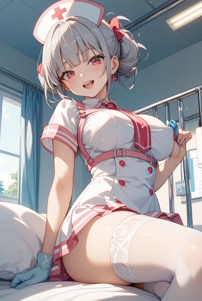 ((1 Beautiful Beautiful Girl)),(((detail portrayal))),(((Gray hairs:1.6))),(((Fetishes))),(((Braids1One))),(((a small face))),(((Less bangs))),(((Trimmed bangs))),(((Yellow eyes))),(masterpiece)), (((Hanging eyes))),((top-quality)),((Vivid light and shadow depiction)), (The ultra-detailliert), ((kawaii)), cute little, (Detailed body line depiction), ((detailed face depiction)),((ighly detailed)), (8K), top-quality, (Beautiful fece),(((World-class quality))), ighly detailed, hight resolution,(((Anime filling))),(((large udder))),(((小柄))),(((Show breasts))),(((nurse's outfit))),(((sit on a bed))),(((open one's legs))),(((de pele branca))),(((Inside the girl's room))),(((kindly smile))),(((full of sweat))),(((Composition seen from the front))),(((composition seen from below))),(((Looking down))),(((dripping with sweat))),(((Show breasts))),(((White lace panties))),(((White garter belt))),(((White lace knee-high socks))),(((Putting a condom in your mouth)))