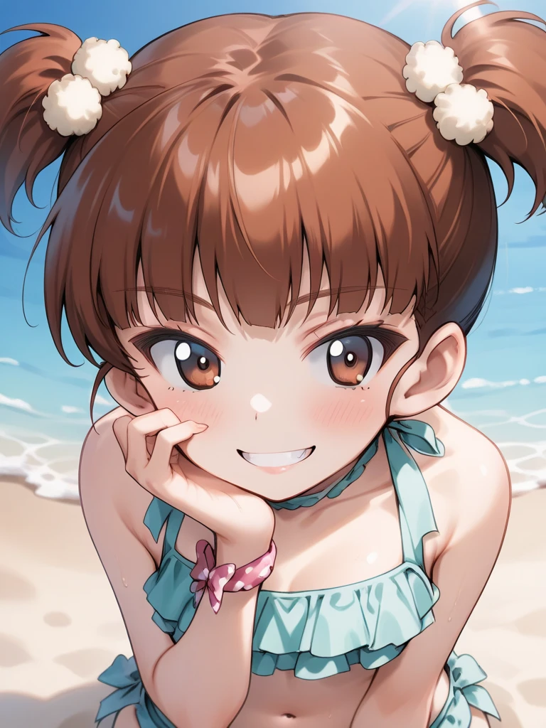 masterpiece, Highest quality, High resolution, Very detailed,(((Nishino Flower))), (((White underwear))), (((smile))), Bare legs, Beach, Panty shot