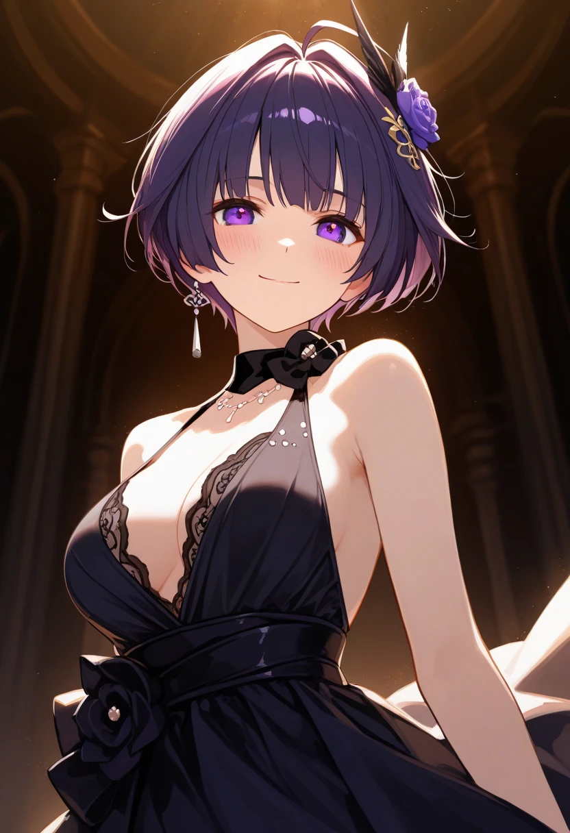 young girl, short black and purple hair, Short braid, bunny ears, Yellow eyes, purple lipstick, Gothic dress, open breasts, Smile, Masterpiece, hiquality