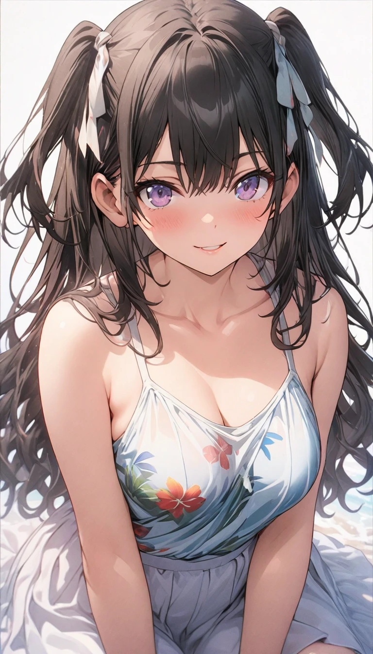 cowboy shot:1.3、Perspective from a low position、(((blush:1.3)))、(((thin eyebrows、stare:1.3、look down:1.3))),(((I'm embarrassed:1.3)))、summer sea and sunset:1.3、Sweat:1.3,(((clavicle:1.3,swimsuit)))、(((smile:1.2)))、cute、(((black color、Braid)))、brown hair