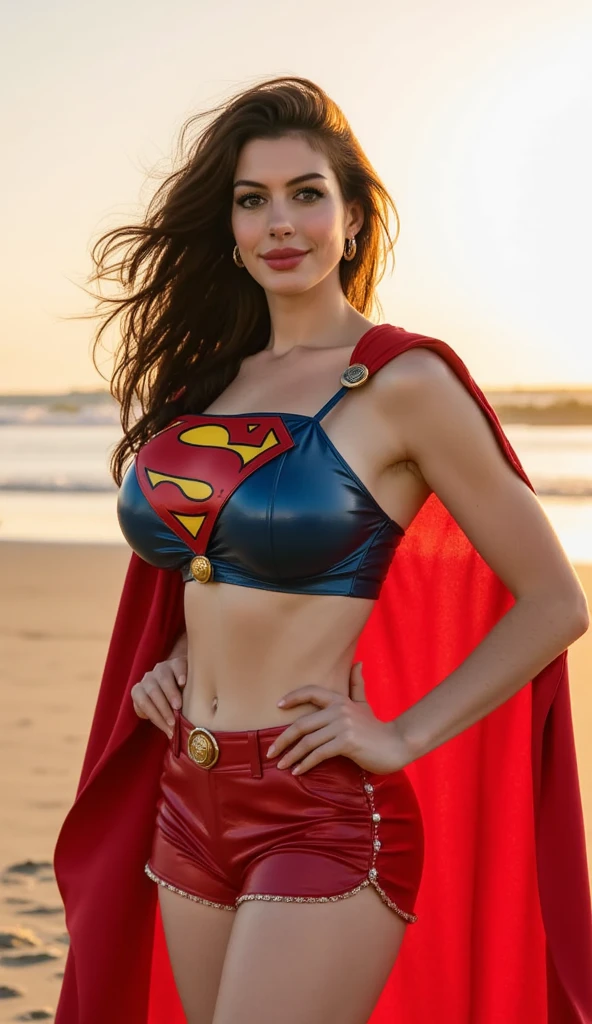 supergirl paid_reward_available 1girl armpits arms_behind_head bikini black_hair blue_bikini blue_eyes blue_sleeves blurry blurry_background breasts cape collarbone cowboy_shot detached_sleeves gold_trim medium_breasts multicolored_bikini multicolored_clothes muscular muscular_female navel red_bikini red_cape short_hair solo superhero swimsuit toned
