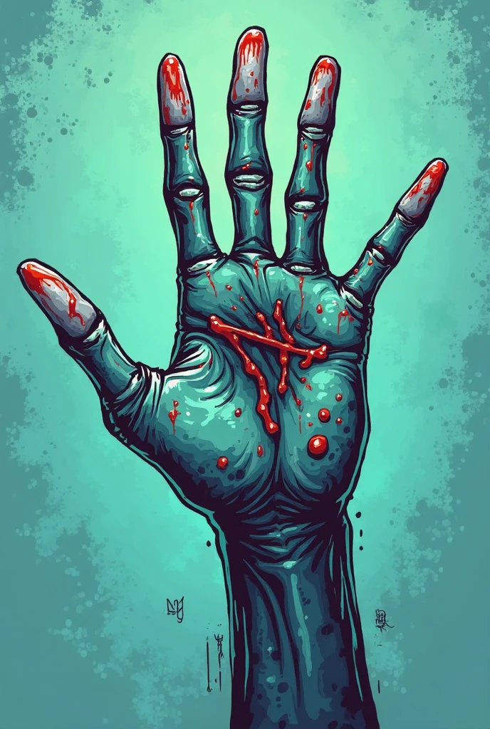 Close-up of a hand,Blood dripped down, Zombie arms in front, high detail of a hand, human hand, hand of fear, Transplant hand-to-head, Undead. Highly detailed, horror illustration, 5 fingers). Full body realistic, open hand, Left hand, realistic hand, extreme hand detail, Raise Hand, corrected hand