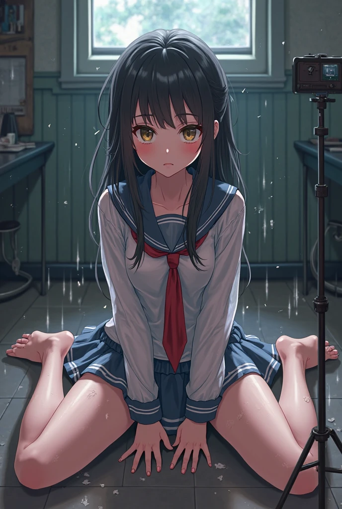 very beautiful Japanese woman, 18 years old, 1girl, Japanese school uniform, wet white panty, red bowtie, black short hair, whole body, embarrassing panic face, detailed, 8k, natural light, professional lighting, masterpiece, top quality illustration, high resolution, (water on the floor), water is dripping from the crotch,