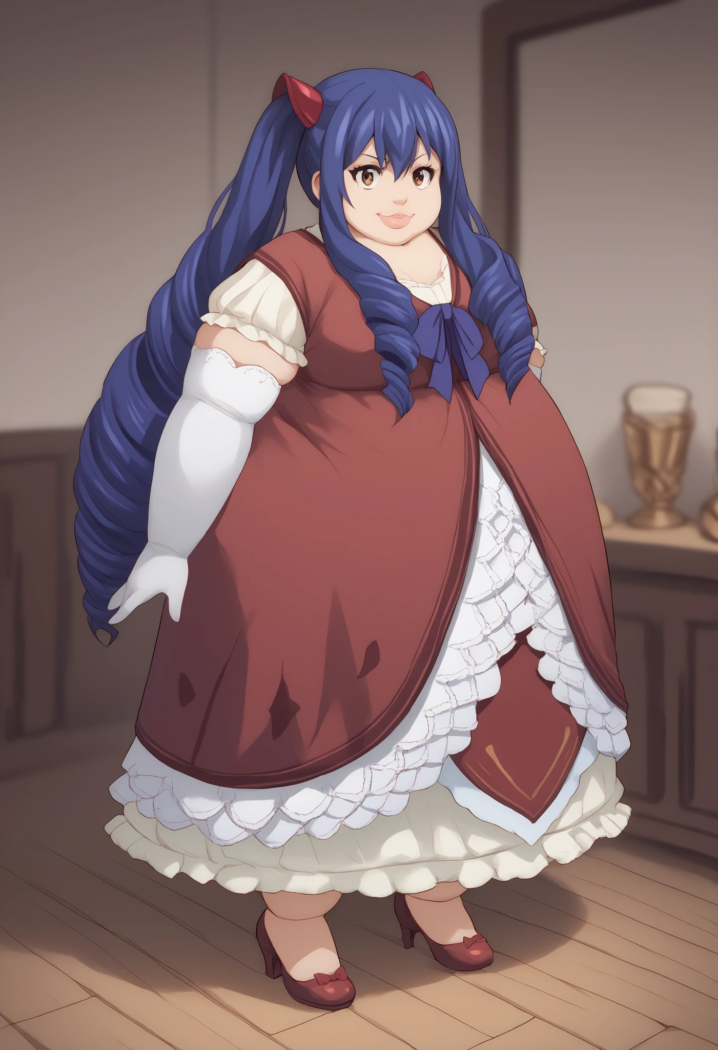 score_9, score_8_up, score_7_up, score_6_up, score_5_up, score_4_up, BREAK source_anime,
1girl, solo, full body shot, looking at viewer, smile, bedroom,
,
score_9, score_8_up, score_7_up, source_anime, wendy marvell, long hair, hair ornament, ribbon, hair between eyes, twintails, brown eyes, very long hair, blue hair, Margarita Dresden, long hair, drill hair, hair ribbon, medium breasts, fat, chubby, obese, thick lips, red dress, frills, elbow gloves, high heels,