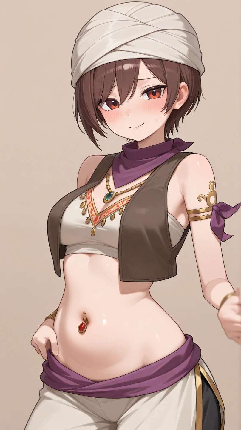 flat chests, nsfw, masterpiece, 1 girl, erect nipples, intricately detailed, topless, navel, bare shoulders, necklace, purple hair, bob cut, purple skirt, waist pouch, magic staff, extremely detailed, photorealistic, octane render, 8 k, unreal engine, bare breasts, puffy nipples, blue eyes, extending hand, fantasy, enchanted, dynamic pose, bare stomach, sweaty, child, small breasts, flat chest, arm strap, full body, outdoors, bangs between eyes, hair ornament, sarong, long skirt, covered legs