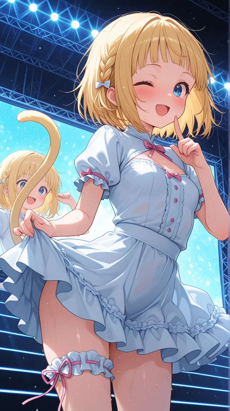 Cute blonde girl wearing a wavy headband like Alice in Wonderland、i'I'm naked on all fours with my legs spread wide.。, showing her butt, anus, , and small nipples.。i do not wear underwear。Pose seen from below。are small。Pose that shows your anus。 and anus are spread。Spreading legs with both hands。take off the apron dress。Putting a in the anus、。NSFW、Turning the、 Open、masturbation、