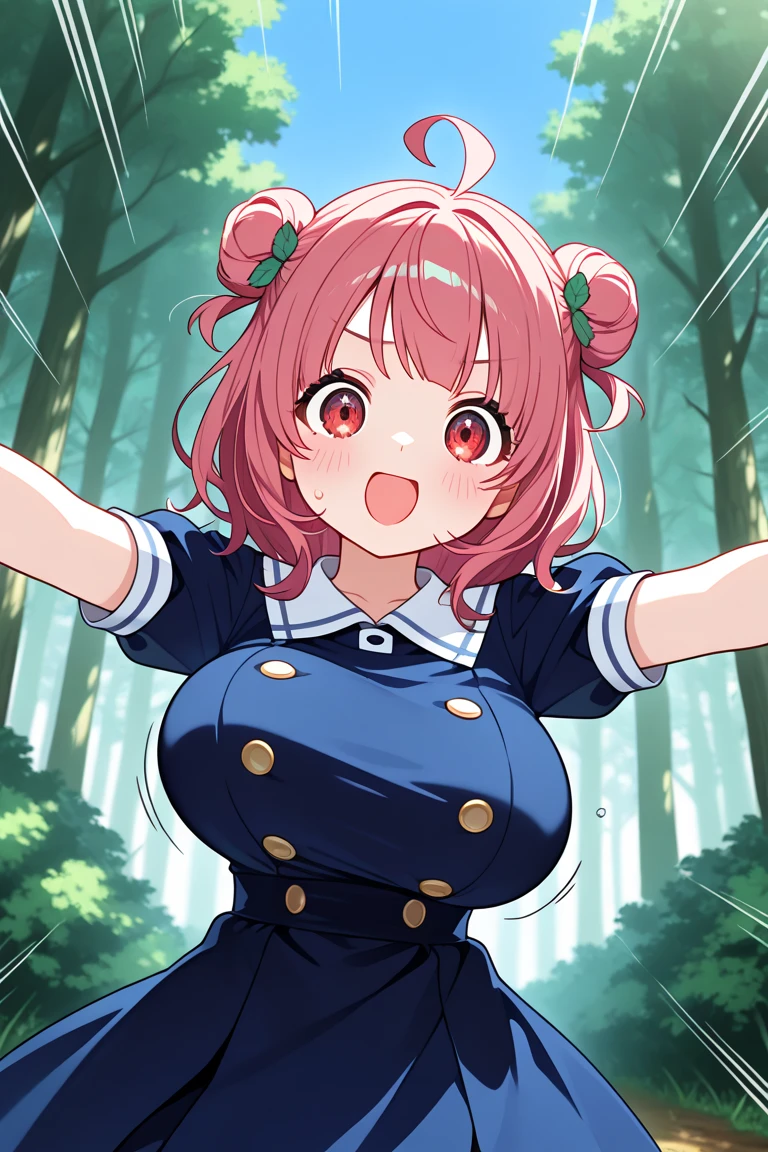 masterpiece, highest quality, nico_Yazawa,High resolution, 1 girl, alone, Brown Hair, short hair, Twin tails、Purple eyes, Cowboy Shot, Frill dress, , Pink Dress, (Cleavage)、(Beautiful thighs)、city, Outdoor, garden, carrying a red school bag, (randoseru backpack:1.0)、Chibi Cute:1.5
((((Breast milk))))((((Big Breasts))))（マンコ)、((Nipples))