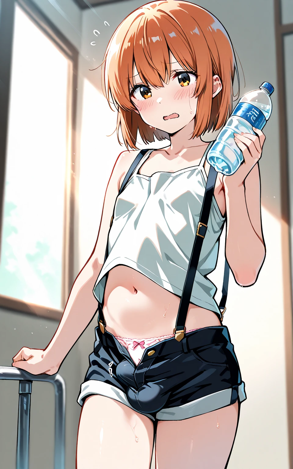 Soapy Paizuri, cute girl, curvy, big tits, short orange hair, glasses, choker, sleeveless white summer dress, low cut, dominant expression, from below