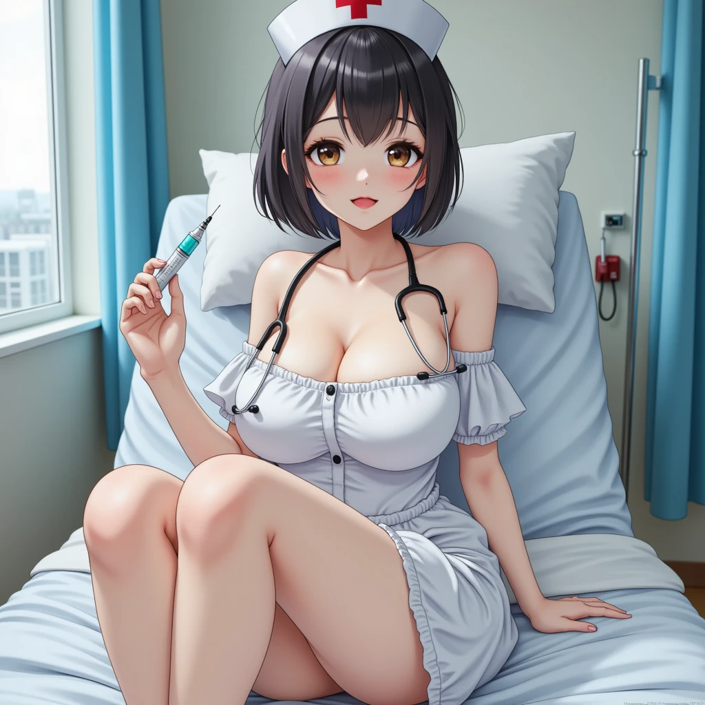 nurse in white long skirt、black hair shorthair、Nurse Cap、white stockings、White garter belt、Beautiful fingertips、Patient bed、no panties,no bra,pussy juice,pussy,vagina,orgasm,Place a finger in the vagina、red blush、Ecstatic look、fullnude