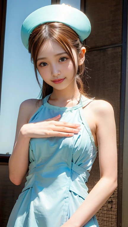 Digression, Under Digression, Raise your arms, (1 girl, 15 years old) ,Japanese Girls , (smile:0.7), smile, priest \(dq3\), 1 girl, alone, (Red eyes), (Miter saw), (Naked with a thin bright blue tabard:1.4), (Cross Print), (Orange elbow gloves), Beautiful small breasts, Holding, staff, nature, blue sky, (Exposing shoulders), , (High color saturation:1.0), (Very detailedな肌), (highest quality:1.0), (Ultra-high resolution:1.0) ,(Realistic:1.0), (Very detailed:1.0), (8k, RAW Photos:1.1)、Holding a long stick、The wind blows open the tabard, exposing her chest.、The wind blows the tabard open, exposing the genitals、Lifting the tabard to expose the private parts