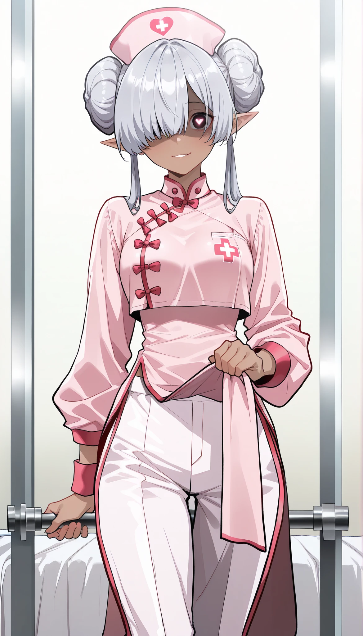 ( masterpiece , best quality , high quality ,8k,) girl elf dark-skin (silver-short-bob-bun-hair:1.4) nurse yandere (pink Kung fu clothing :1.4).(pink-nurse-cap:1.4) (pants:1.4) (long-sleeves:1.4) tights (holding-magical-rod:1.8) (hair over one eye, bangs, long bangs, :1.4) .heart-eyes crazy-eyes high-fnatasy-style Hospital examination room. night
